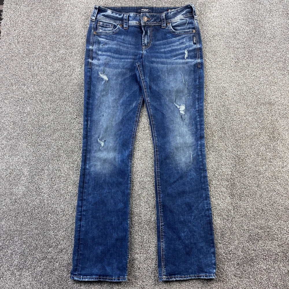 Silver Jeans Womens 30x33 Suki Bootcut Whiskered Dark Wash Denim White Stitching